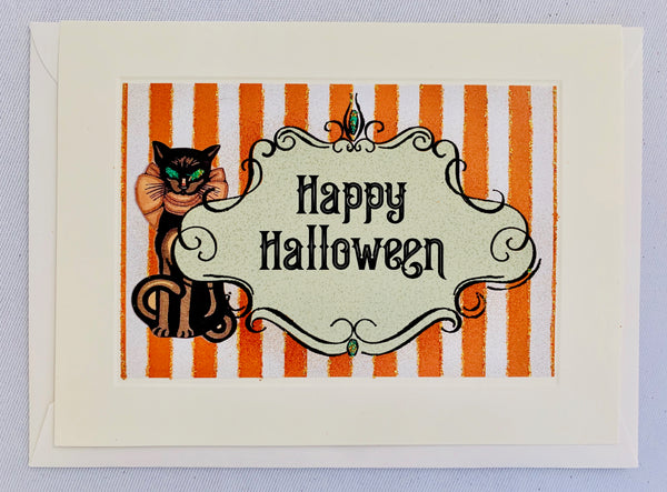 Halloween Black Cat & Orange Stripes Greeting Card